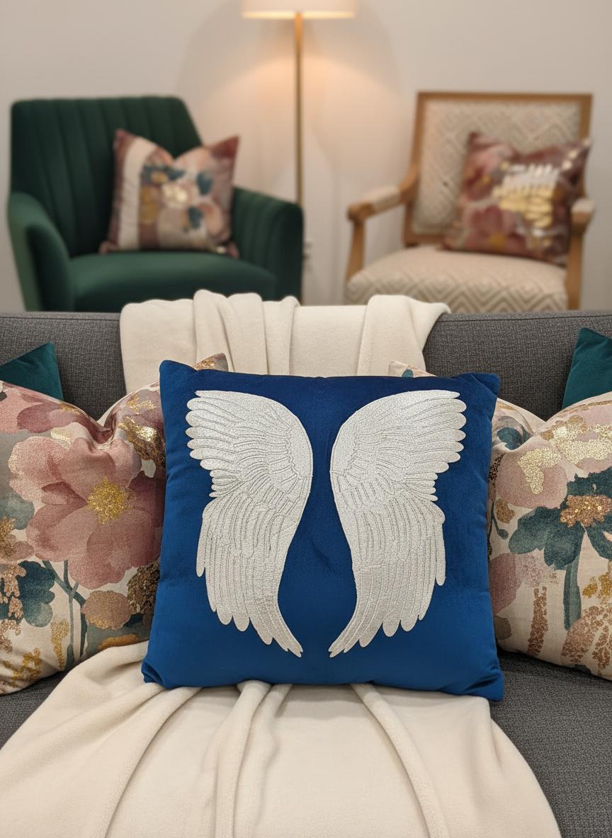 Elegant Blue Cushion Cover with Wing Design - 16 x 16 Inches