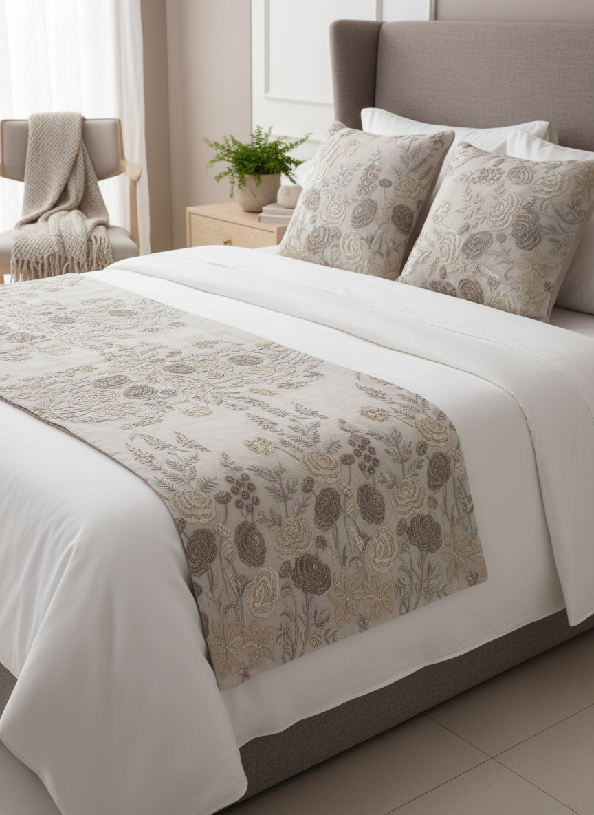 Elegant Floral Bed Runner Set with Cushions