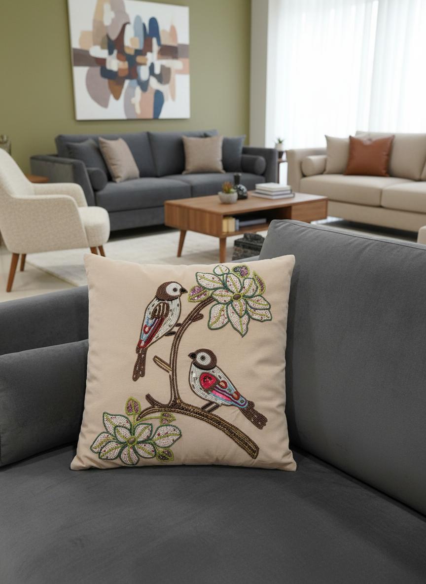 Embroidered Bird Design Cushion Cover 16x16