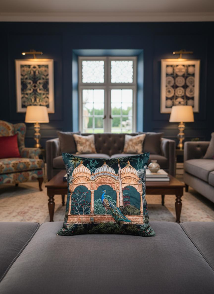 Elegant 18x18 Cushion Cover with Peacock Design