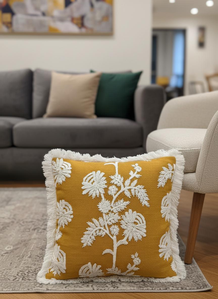 Embroidered Mustard Cushion Cover 16"x16"