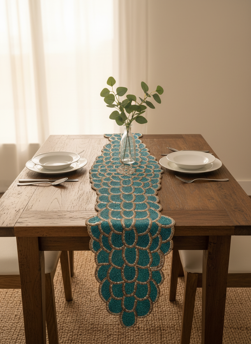 Elegant Beaded Table Runner in Teal