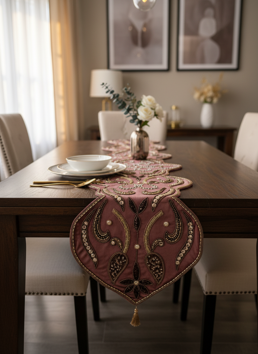 Elegant Beaded Table Runner in Pink